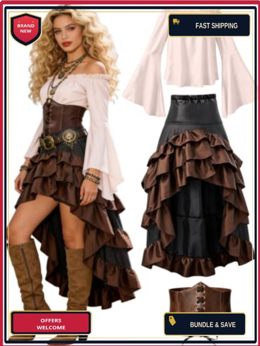 Renaissance Pirate Wench Costume Corset Skirt Blouse 3 Piece Set